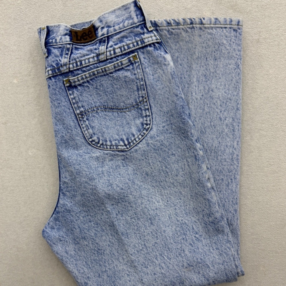 Lee High Waisted Mom Jeans Womens 16‎ Med Light Blue Acid Wash Tapered Leg Vtg
